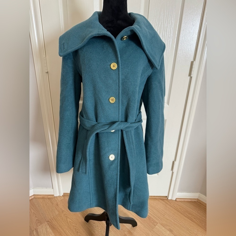 COACH Wool Mohair Teal Belted Peacoat Gold Buttons Size Large VGUC
